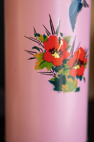 Close-up image of the Pink Painted Bird Decorative Flask