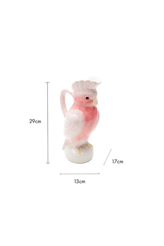 Cutout image of the Pink Cockatoo Carafe Jug on a white background with dimension details. 