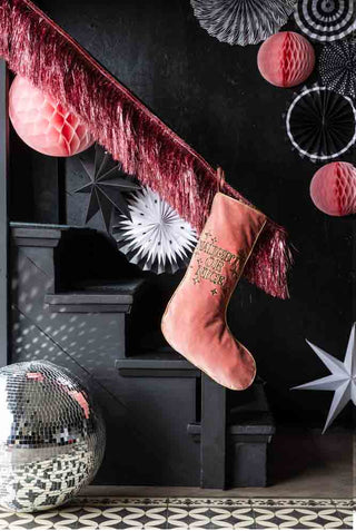 Image of the Pink Naughty Or Nice Velvet Christmas Stocking