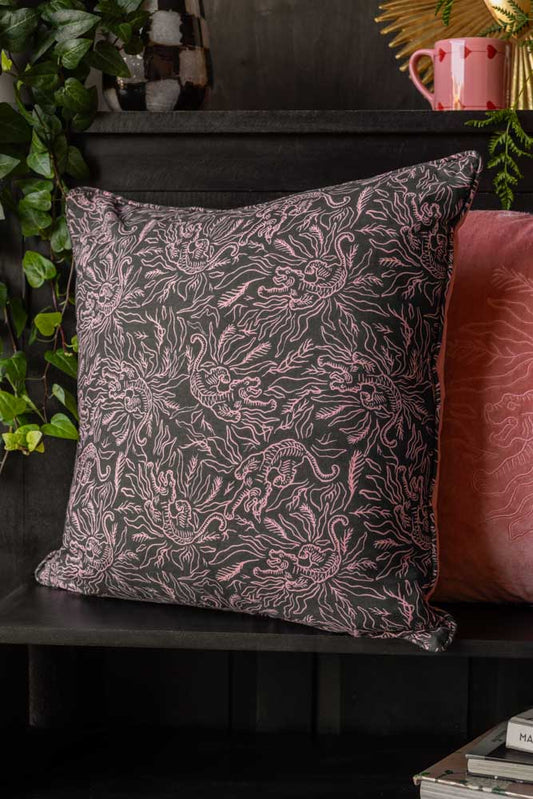 Pink Velvet Embroidered Tiger Cushion Cover