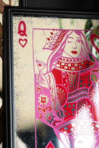 Close-up of the design on the Queen Of Hearts Decorative Playing Card decorative Mirror.