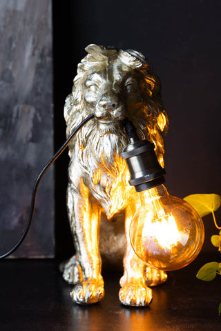 The Quirky Gold Lion Lamp switched on and displayed on a black sideboard with some greenery.