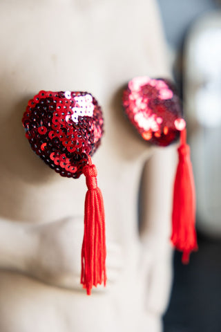 Lifestyle image of the Red Heart Sequin Nipple Tassels