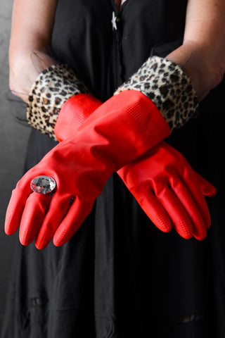 Image of the Red Leopard Print Washing-up Gloves on
