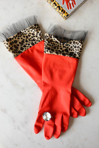 Close-up image of the Red Leopard Print Washing-up Gloves
