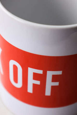 Detail image of the Red & White Fuck Off Mug