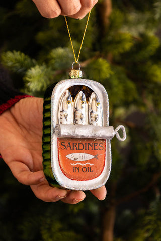 Lifestyle image of the Sardines Glass Christmas Tree Decoration