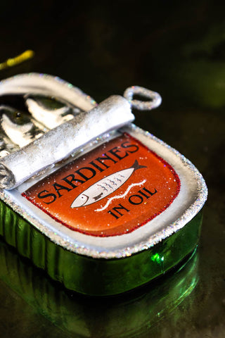 Close-up image of the Sardines Glass Christmas Tree Decoration