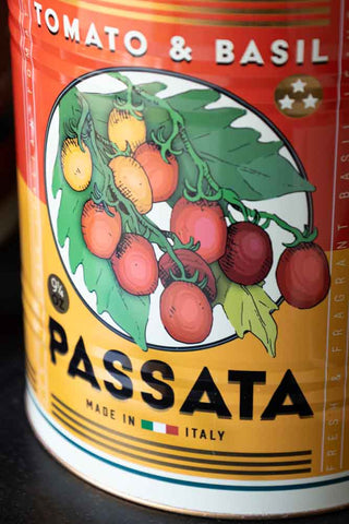 Close-up of the design on one of the Set Of 2 Passata Storage Tins - Large.
