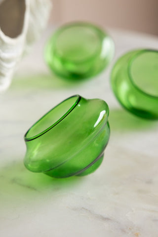 Lifestyle image of the Set Of 3 Green Glass Tea Light Holders