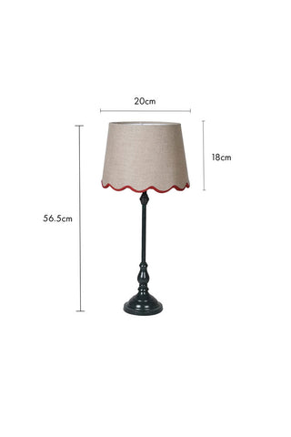 Cutout image of the Slim Table Lamp With Red Scalloped Linen Shade on a white background with dimension details. 