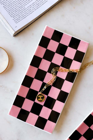 Lifestyle image of the Black & Pink Checkerboard Trinket Dish