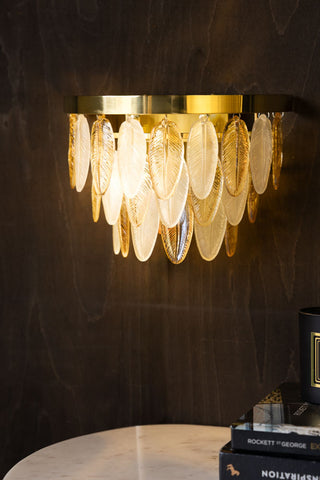 The Stunning Art Deco Glass Feather Wall Light displayed switched on against a dark wood wall