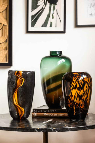 Image of the Tall Dark Green & Brown Glass Vase with other vases