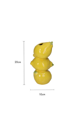 Cutout image of the Trio Of Lemons Vase on a white background with dimension details. 