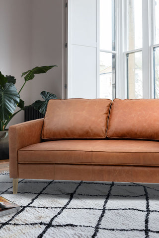 Close-up of the Vintage-Style Brown Leather 2-Seater Sofa styled on a rug, with a plant, book and window also in shot.