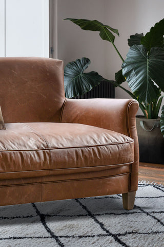 Close-up of one end of the Vintage-Style Dark Brown Leather 2-Seater Sofa, styled on a rug with a plant in the background.