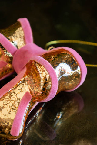 Close-up image of the Vintage-Style Pink Bow Glass Christmas Tree Decoration