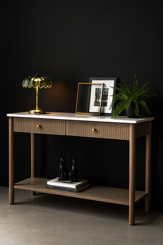 Lifestyle image of the White Marble 2-Drawer Console Table