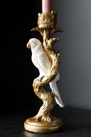 Close-up image of the White Parrot Candlestick Holder