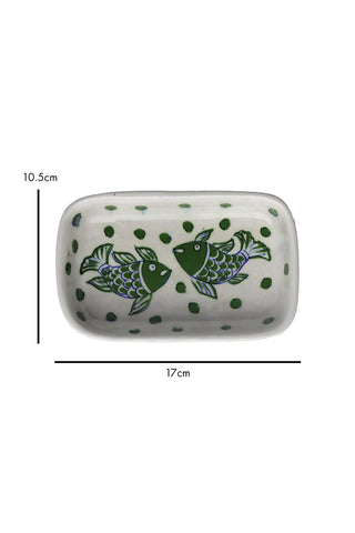 Image showing a cut out of a White and Green Fish Ceramic Trinket Dish in front of a white background. 