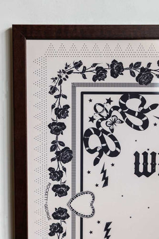 Detail image of the Why The Fuck Not 50cm x 50cm Art Print in a walnut frame on a light background