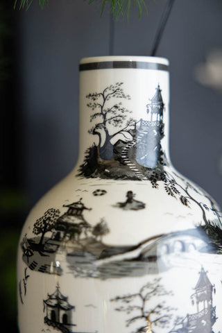 Close-up image of the Black & White Willow Toile Bottle Vase