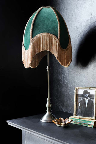 Lifestyle image of the Winifred Green Velvet Fringe Table Lamp
