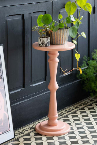 The Wood Turned Pink Side Table styled with some plants on.