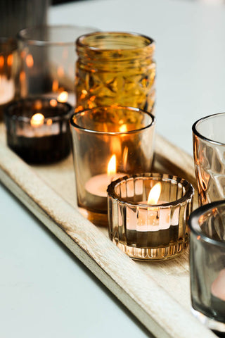 Close-up image of the Wooden Tray With Glass Candle Holder Votives