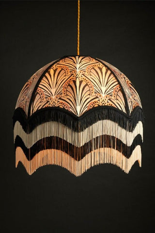 Beautiful ceiling lamp shade in a glam deco pattern with a black and white wave fringe detail. 