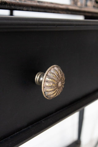 Close-up image of the drawer on the Black Vintage Style Metal Distressed Console Table