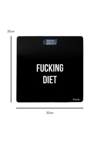 Cutout image of 'fucking diet' bathroom scales in front of a white background with dimensions. 