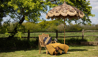 A garden in the sunshine featuring the HKliving Vintage Flower Parasol and Black & Green Stripe Outdoor Cushion, styled with a rattan chair, ochre throw and cute dog.