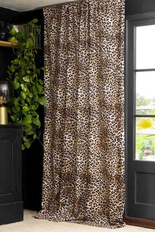 Pretty wooden doors with bold Leopard print curtains hanging from ceiling to floor. 