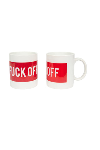 Image showing cutout of red and white fuck off mug on a white background. 