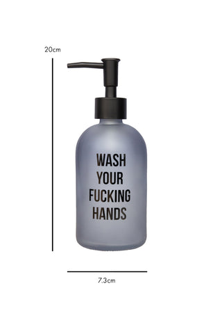 Cutout image of wash your fucking hands soap dispenser on a white background with dimensions. 