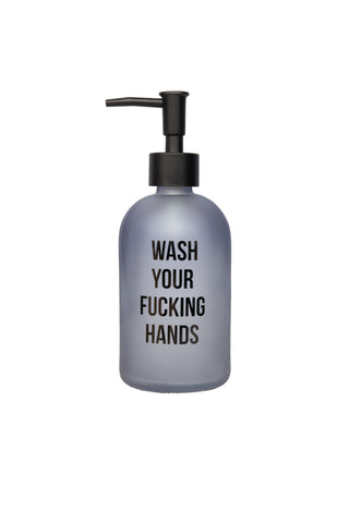 Cutout image of wash your fucking hands soap dispenser on a white background. 
