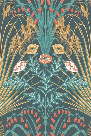 Close-up sample image of the Bluebell Wallpaper in Teal, Metallic Gold & Coral On Petrol by Cole & Son