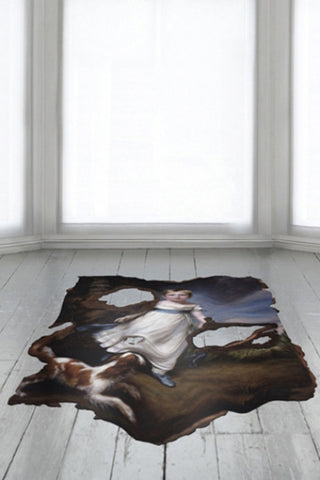 lifestye image of pastoral cowhide rug on white wooden flooring and white windows in background