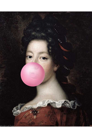Portrait of a lady in a historical style blowing a pink bubble using bubble gum.