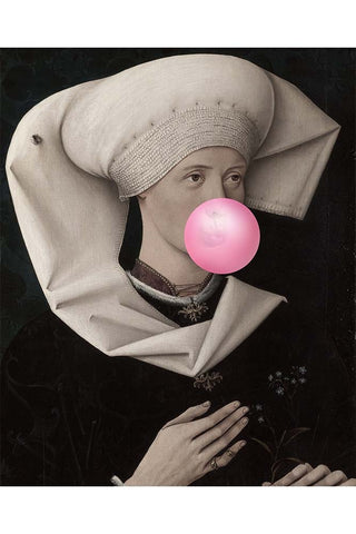 A viscountess woman with a large white headpiece blowing a large pink bubble gum bubble