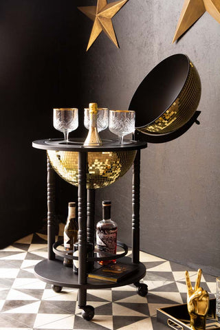 Lifestyle image of the Black & Gold Disco Ball Drinks Trolley Cart