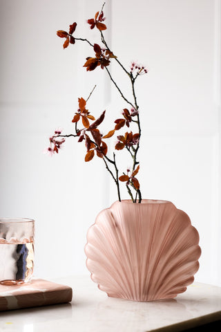 Lifestyle image of the Blush Pink Frosted Glass Shell Vase
