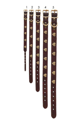 Image of the different sizes for the Brown Leather Dog Collar With Hearts