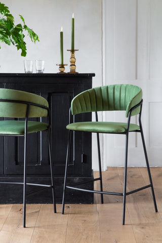 Image of 2 of the Curved Back Velvet Bar Stools In Moss Green