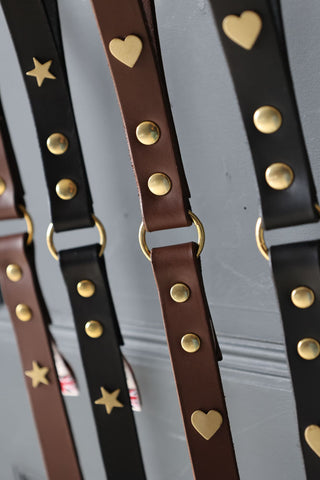 Close-up image of the Dark Brown Leather Dog Lead With Hearts with other designs