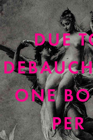 detail Image of the Framed Debauchery Art Print black and white painting with pink bold text