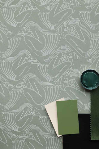 Flat lay image of the Rockett St George Deco Nymph Olive Wallpaper