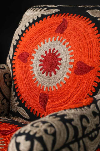 Image of the seat back on the Embroidered Folk Pattern Armchair